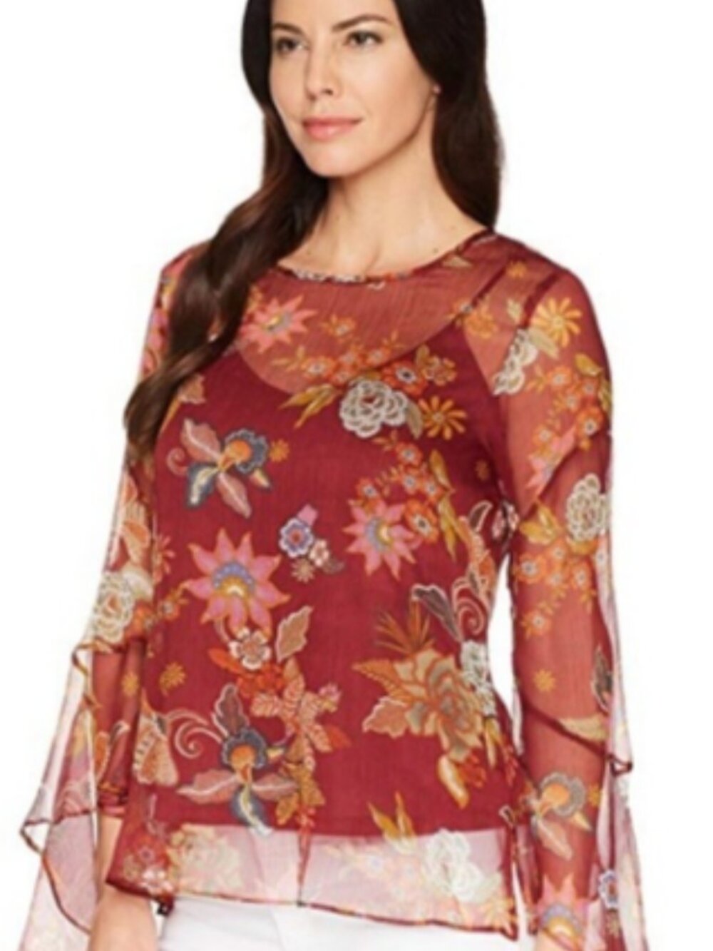 **CLOSE OUT** Vince Camuto Sheer Flare Sleeve Floral Blouse Small--JBC